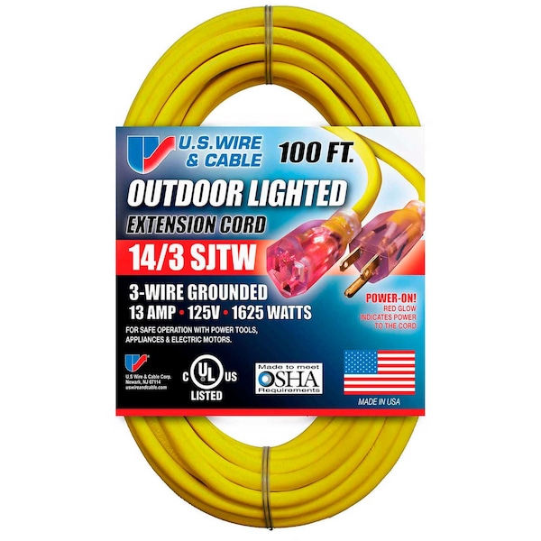 U.S. Wire & Cable SJTW Extension Cord, 14 AWG, Outdoor, 14/3, 1 Outlets, 5-15R, Yellow, Vinyl, 5-15P, 100 ft 73100 - main